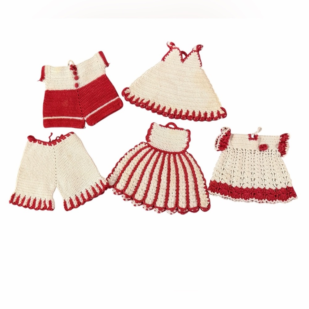 Lot of 5 Vintage Hand Crocheted Potholders Hot Pads 1950’s Red Cream